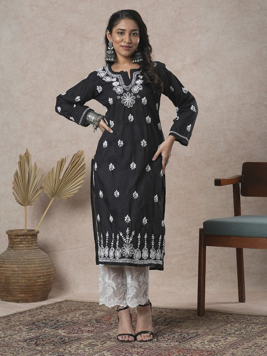 ADA Women Sustainable Black & White Paisley Chikankari Hand Embroidered Straight Kurta 