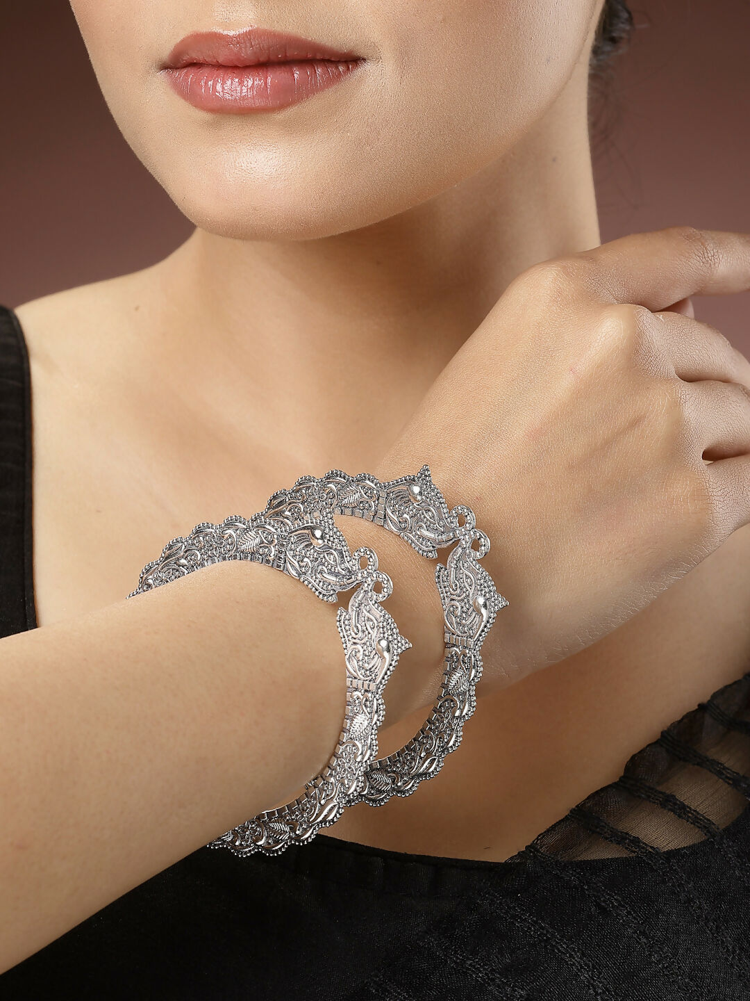 NVR Women's Set of 2 Silver-Toned German Silve Oxidised Elephant Design Handcrafted Bangles | Grab2Buy