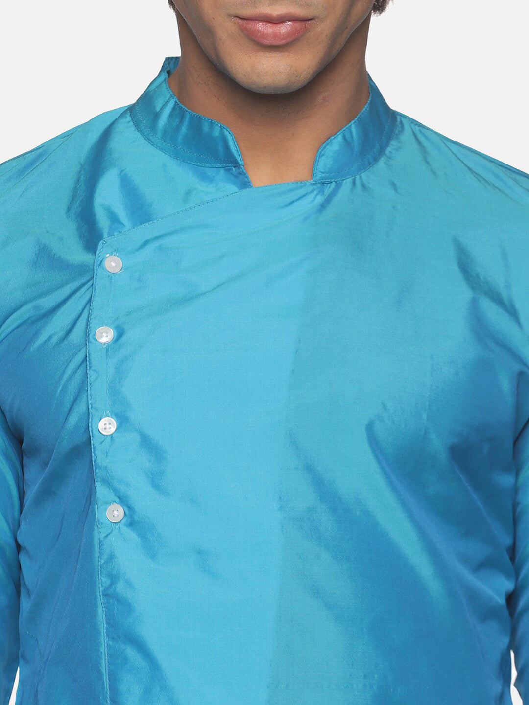 Sethukrishna Men Turquoise Blue Angrakha Kurta with Trousers