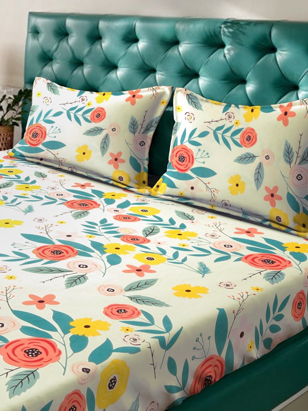 KLOTTHE White & Blue Floral Printed 300 TC King Bedsheet With 2 Pillow covers 