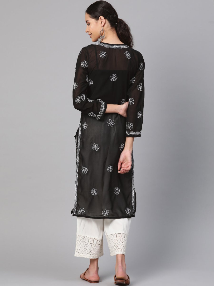 ADA Women Black & White Chikankari Hand Embroidered Semi-Sheer Straight Sustainable Handloom Kurta 