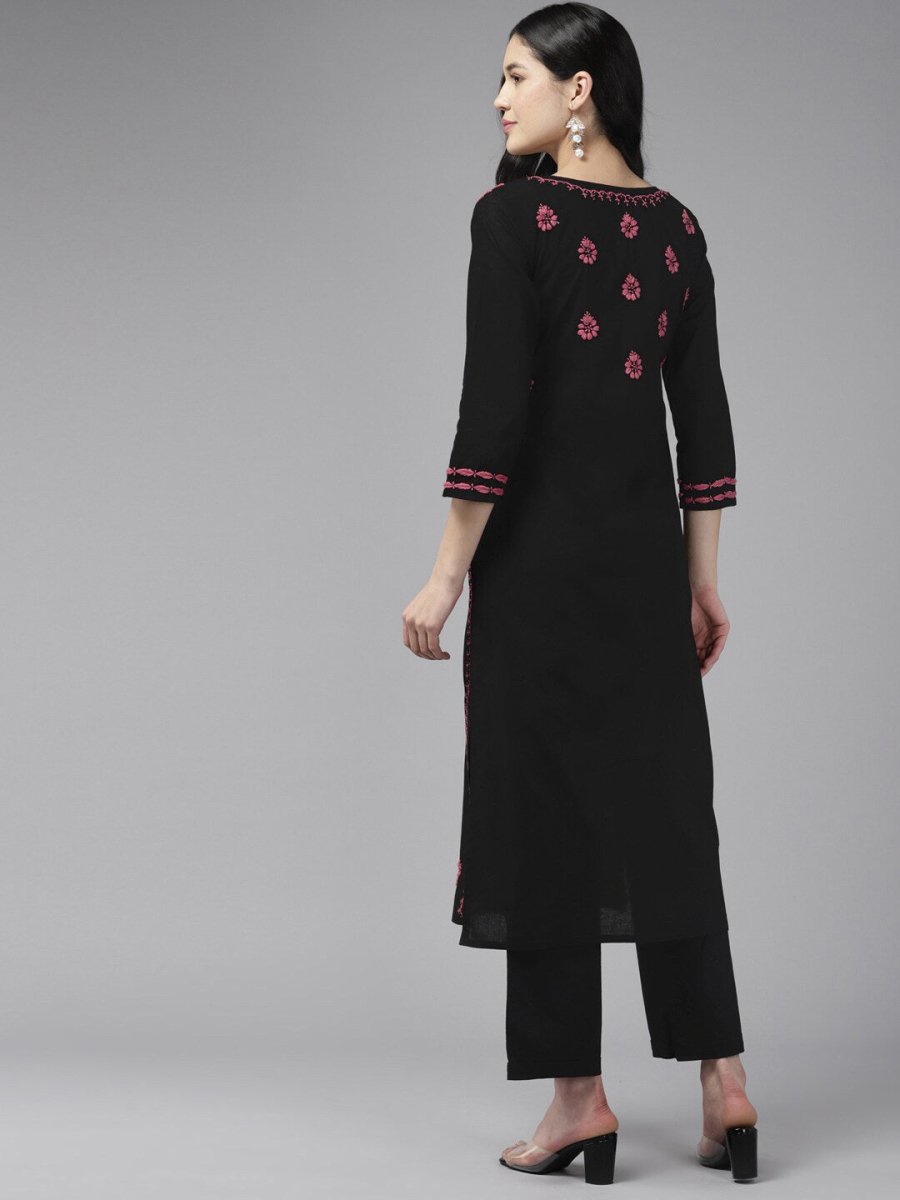 ADA Ethnic Motifs Embroidered Round Neck Chikankari Cotton Kurta 