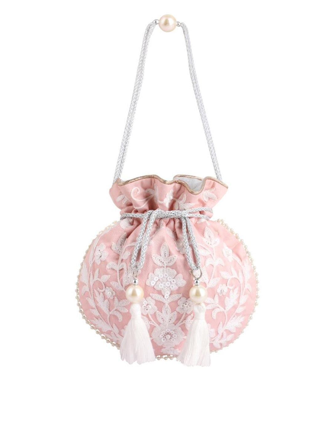 Masq Pink & White Embellished Embroidered Potli Clutch - Grab2buy