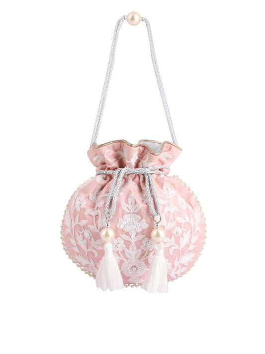 Masq Pink & White Embellished Embroidered Potli Clutch - Grab2buy