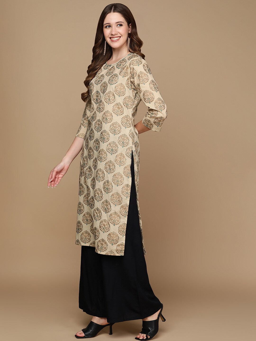 HERE&NOW Beige & Brown Ethnic Motifs Embroidered Pure Cotton Straight Kurta