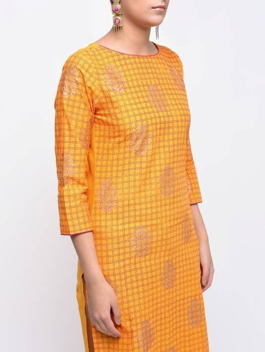 Aniyah Cotton Block Printed Yellow Straight Kurta (AN-137K) 