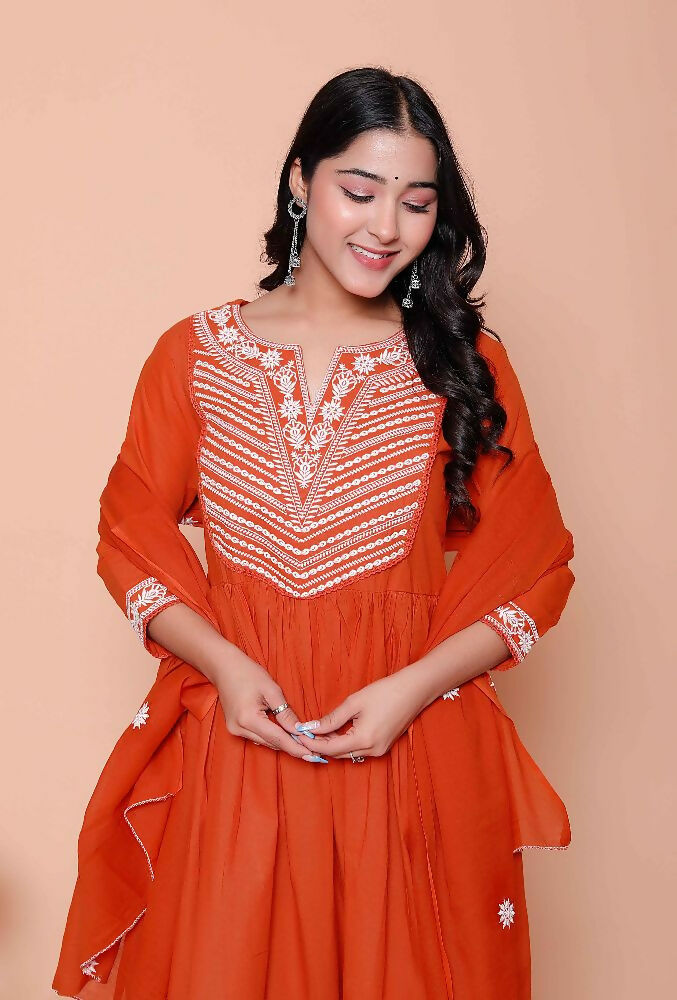 Miravan Womens Floral Embroidered Rust Straight Cotton Kurta & Palazzo With Dupatta Set