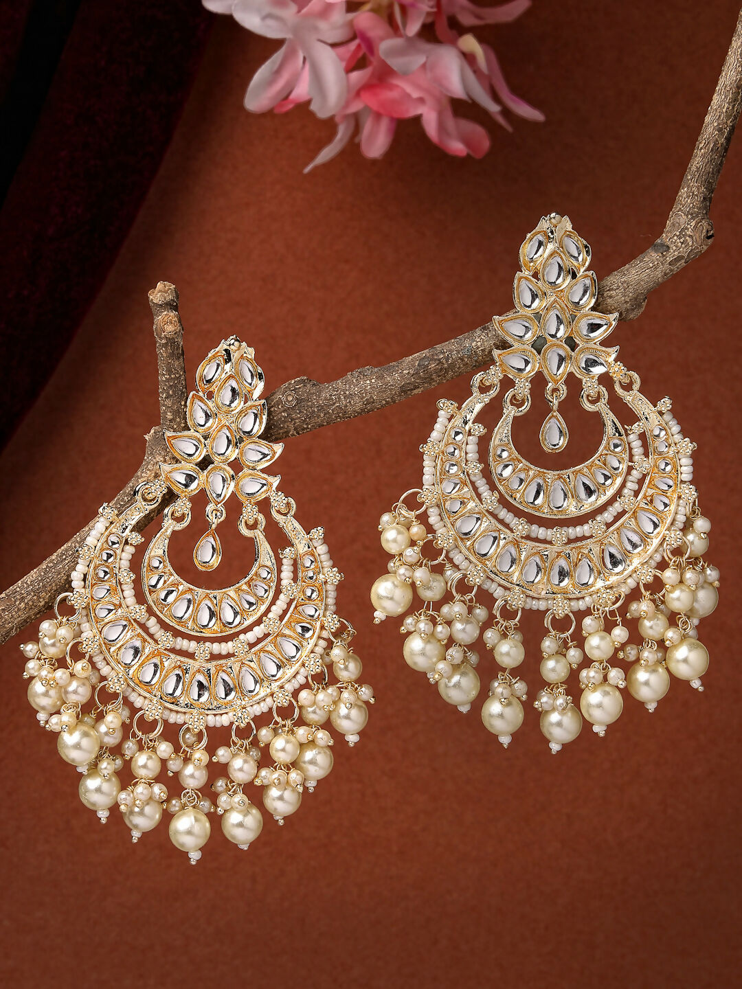 NVR Women Gold-Polished Kundan Chandbali Earrings 
