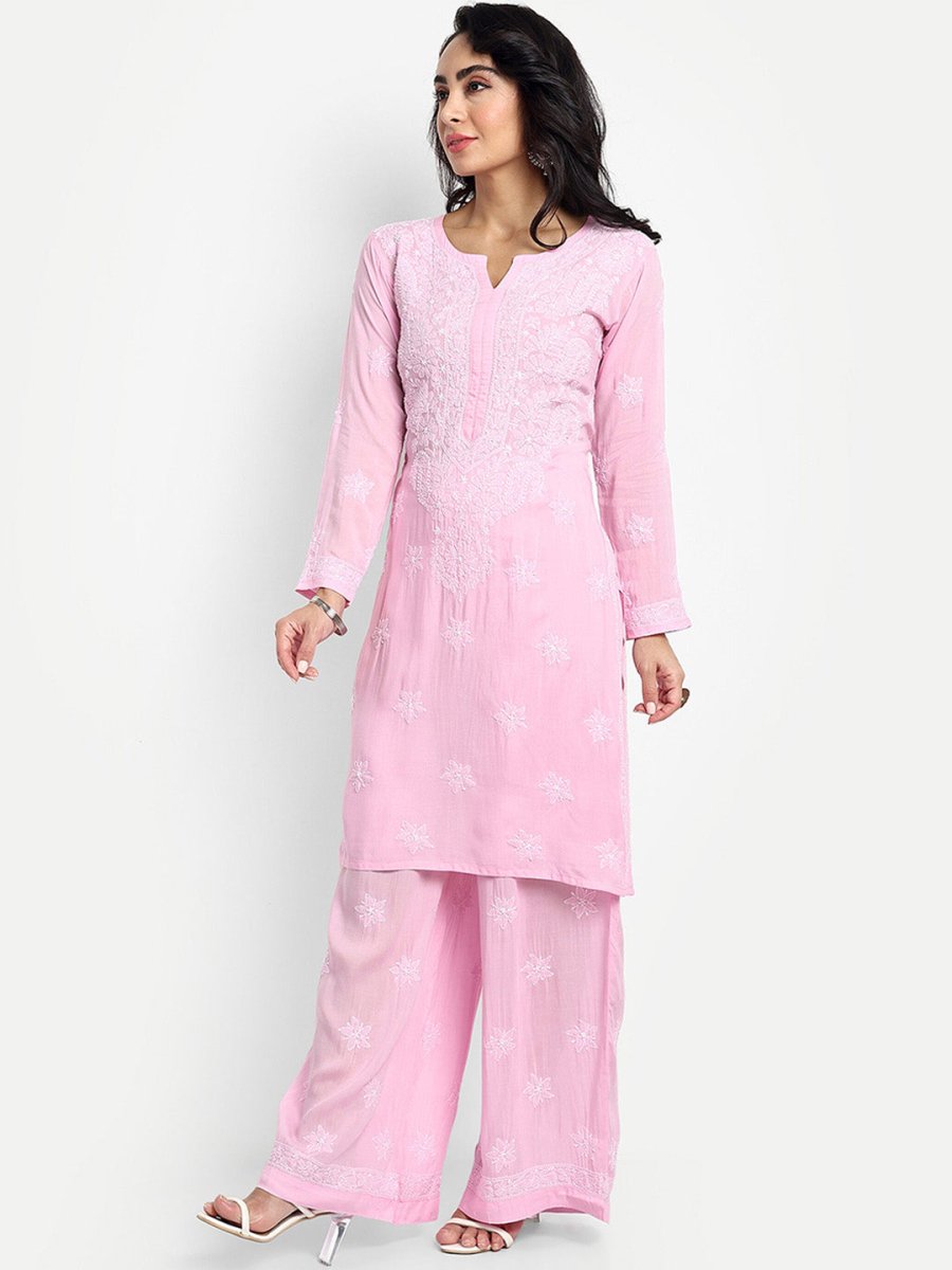 ADA Floral Embroidered Round Neck Long Sleeve Regular Chikankari Kurta With Palazzos 