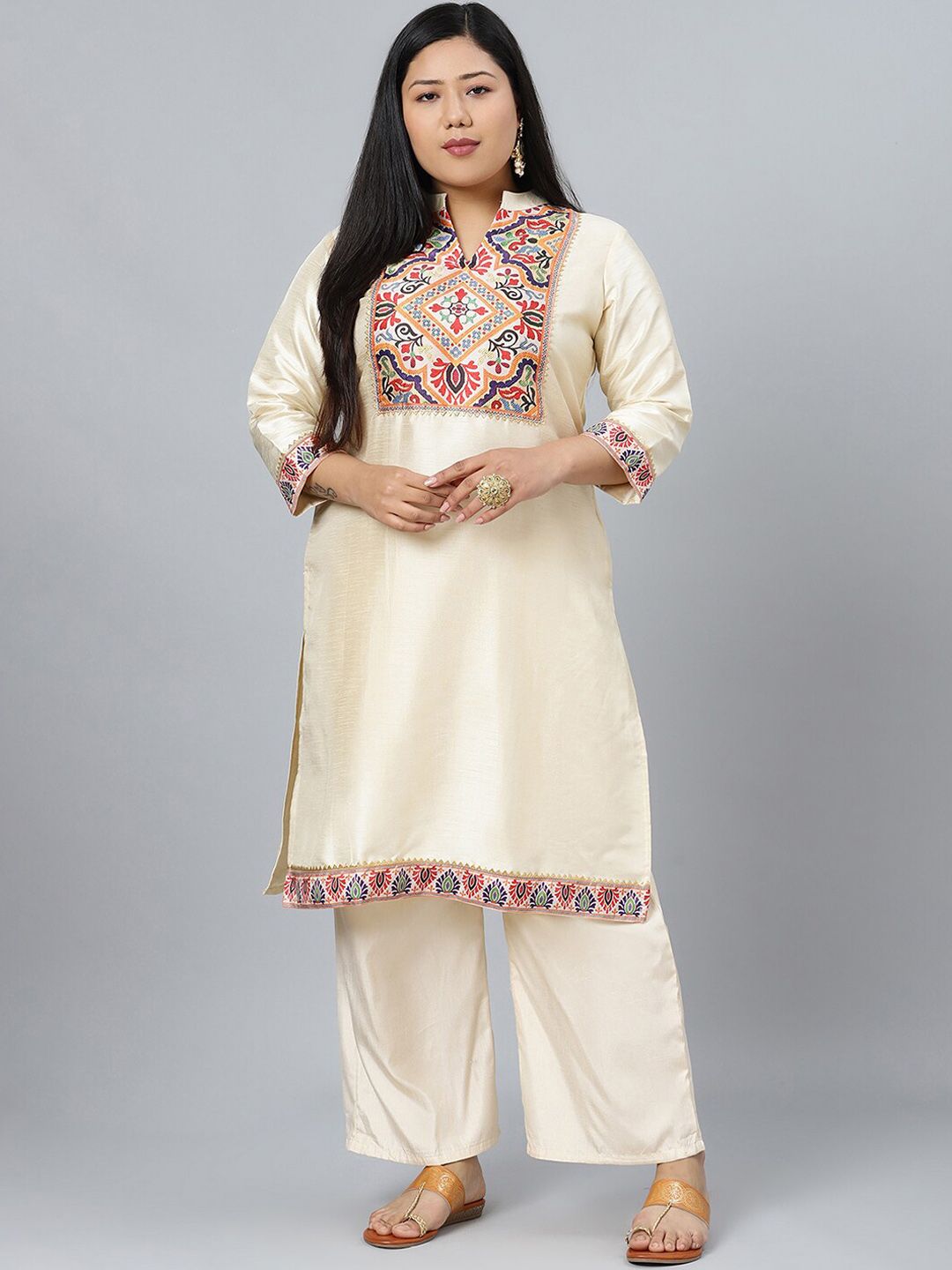 Sztori Plus Size Ethnic Motifs Printed Mandarin Collar Straight Kurta with Palazzos