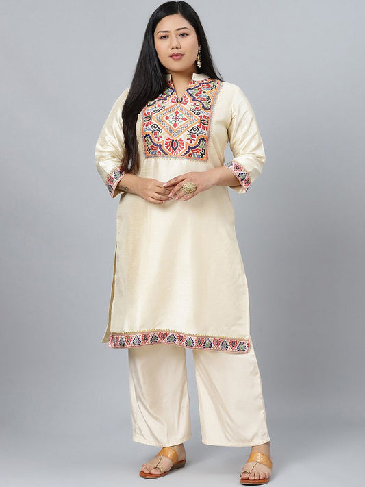 Sztori Plus Size Ethnic Motifs Printed Mandarin Collar Straight Kurta with Palazzos