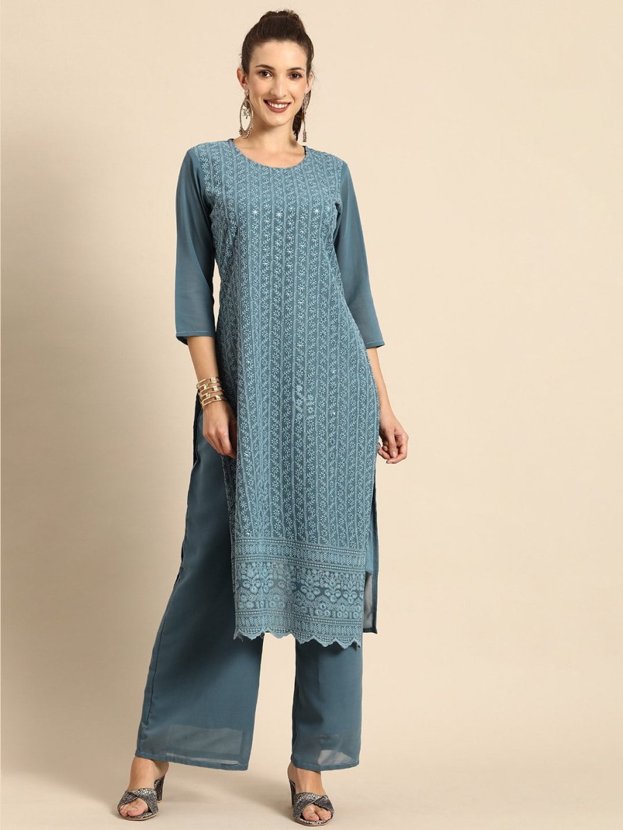 All About You Women Grey Ethnic Motifs Embroidered Regular Chikankari Kurta with Palazzos 