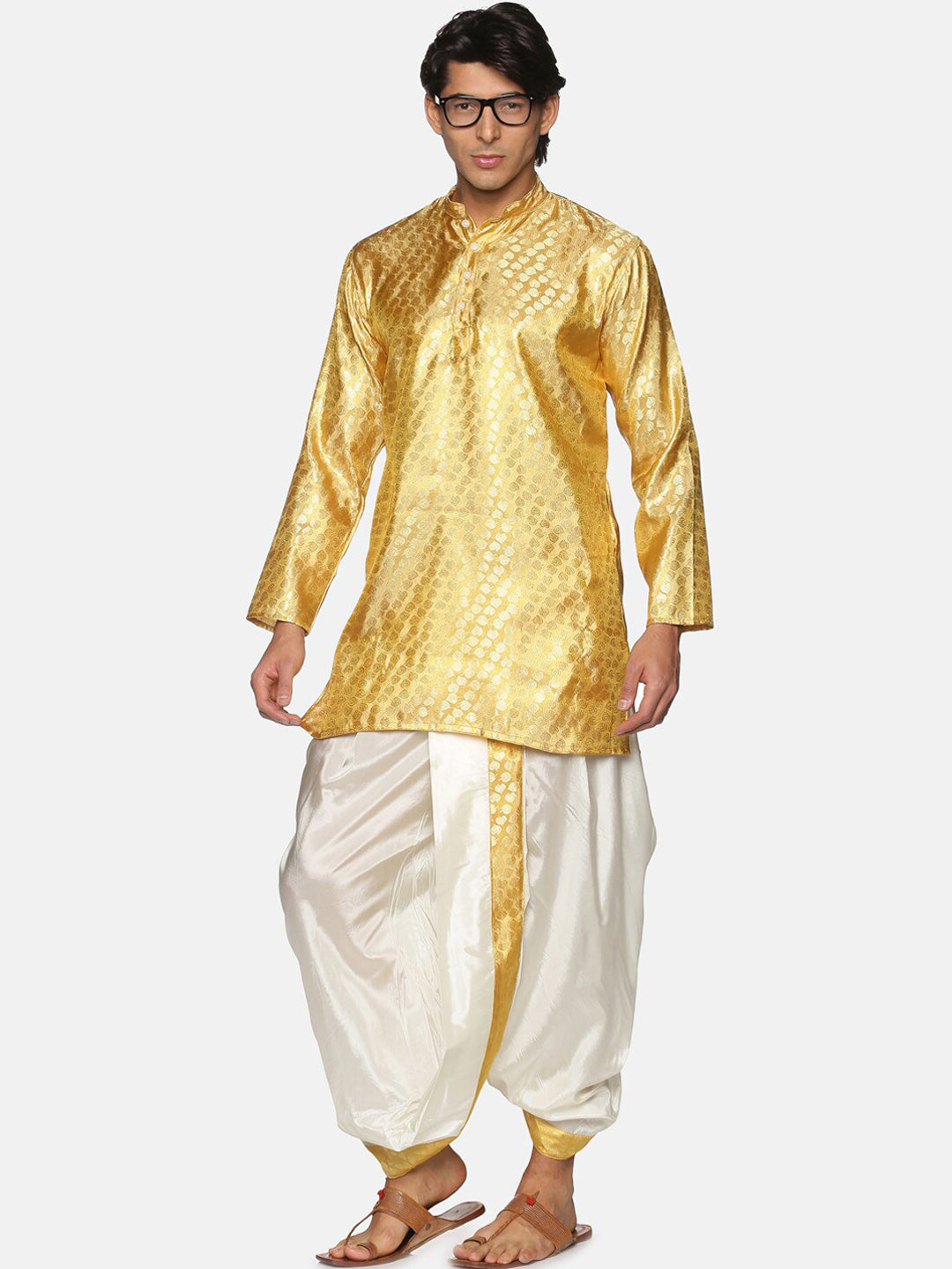 Sethukrishna Men Gold-Toned Ethnic Motifs Woven Design Kurta with Dhoti Pants