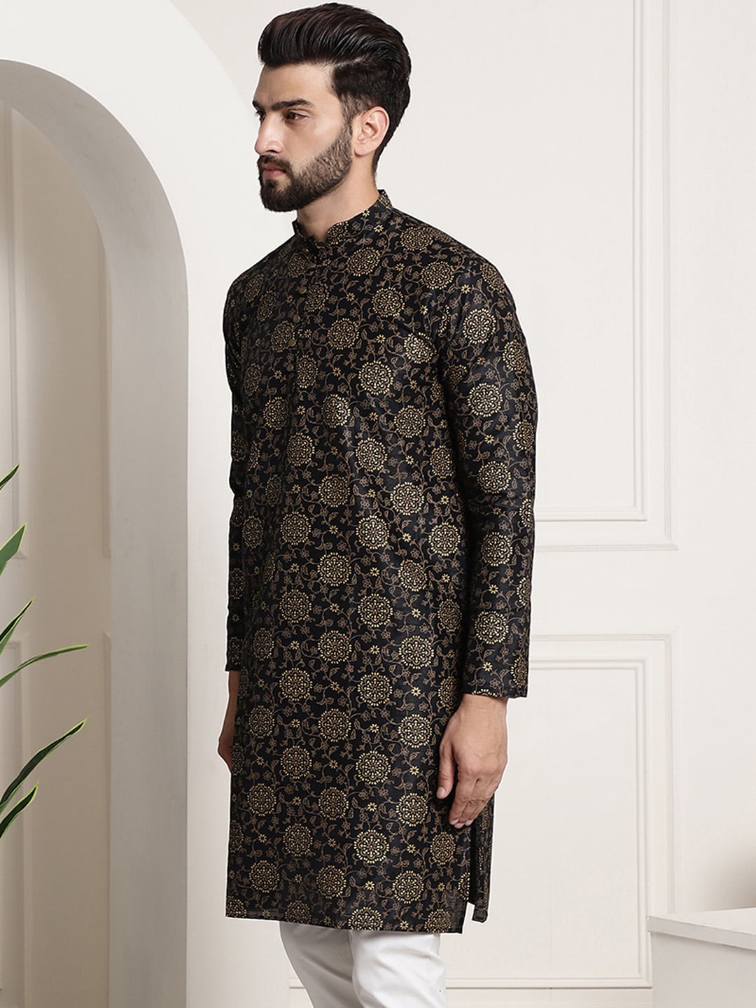 Sojanya Men Black & Brown Ethnic Motifs Printed Kurta 