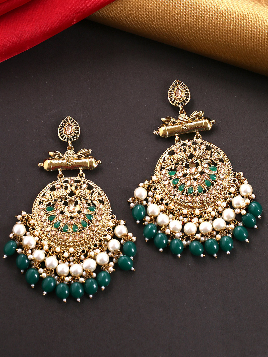 Yellow Chimes Gold-Plated & Green Circular Drop Earrings - Grab2buy