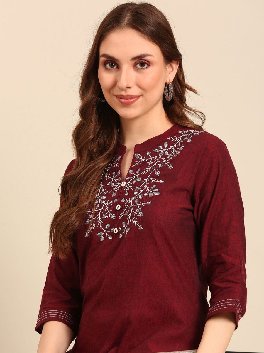 Anouk Notched Neck Thread Work Pure Cotton Straight Kurta | Grab2Buy