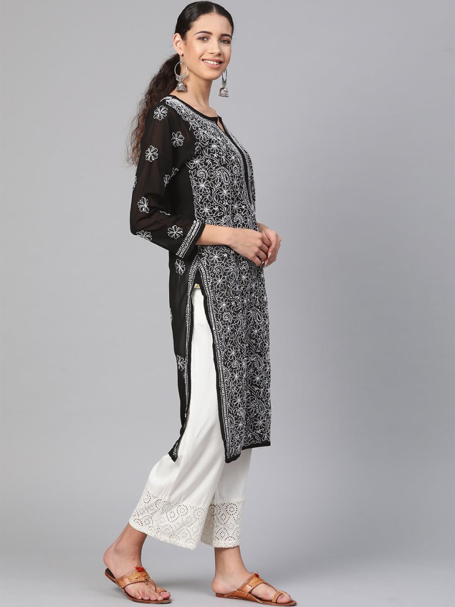 ADA Women Black & White Chikankari Hand Embroidered Semi-Sheer Straight Sustainable Handloom Kurta 