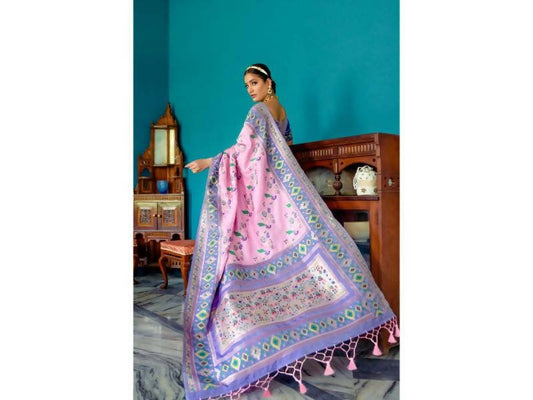 Aastha Fashion Women's Baby Pink Paithani Silk Meenakari Zari Woven Saree with Blouse - Grab2buy