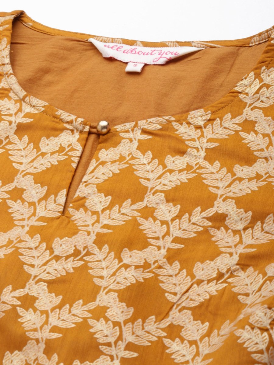 All About You Women Mustard Yellow Ethnic Motifs Printed Regular Kurta with Trousers