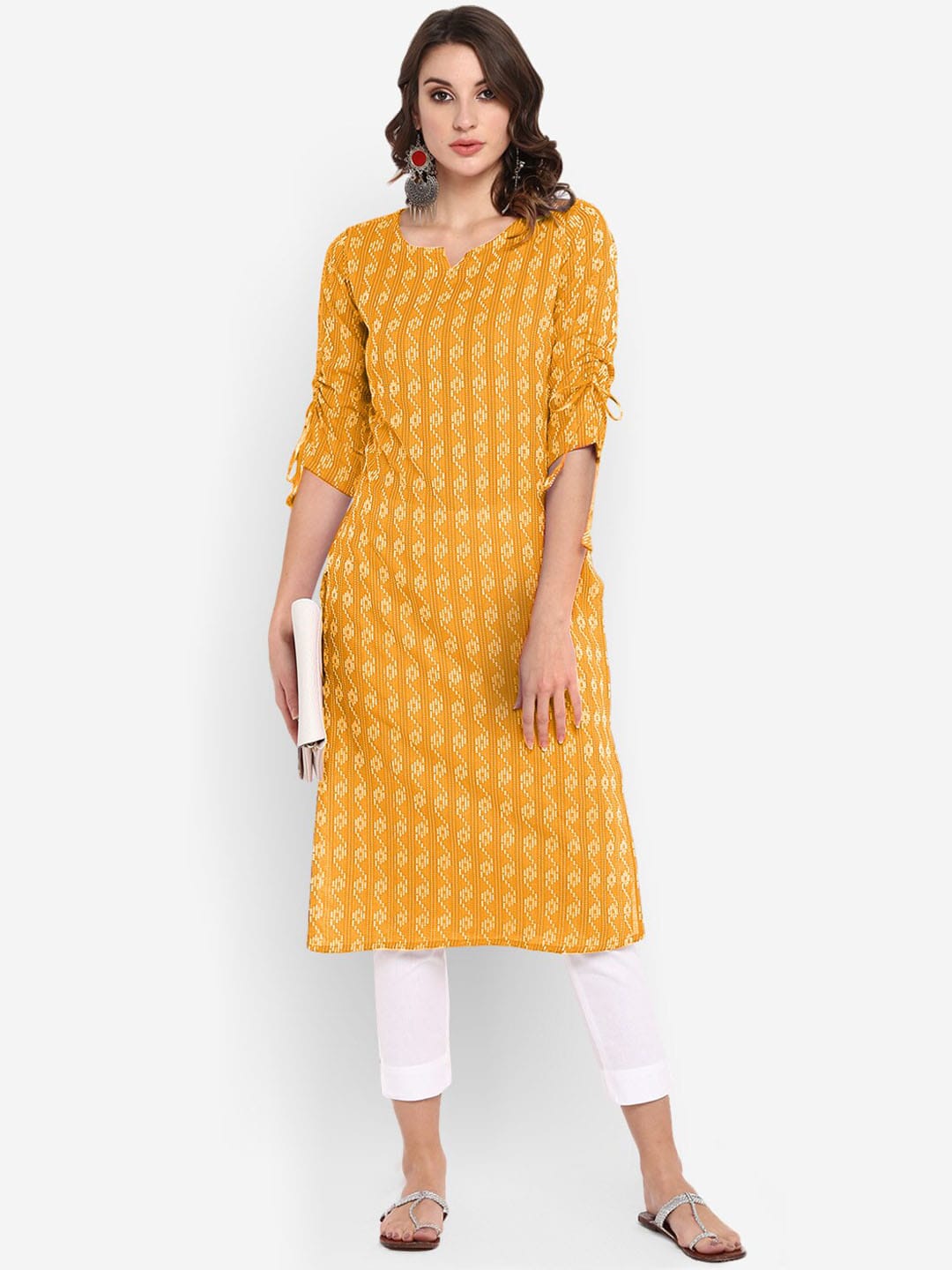 Janasya Women Yellow & Off-White Woven Design Straight Kurta