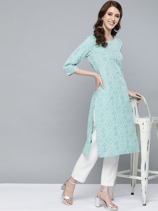 HERE&NOW Women Green & White Bandhani Print Straight Kurta 