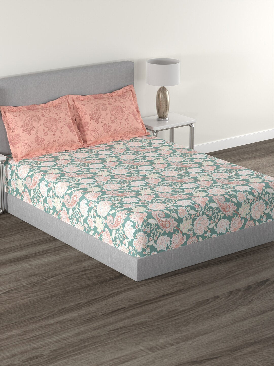 MYTRIDENT Green White Ethnic Motifs Cotton 144 TC Queen Bedsheet With 2 Pillow Covers 