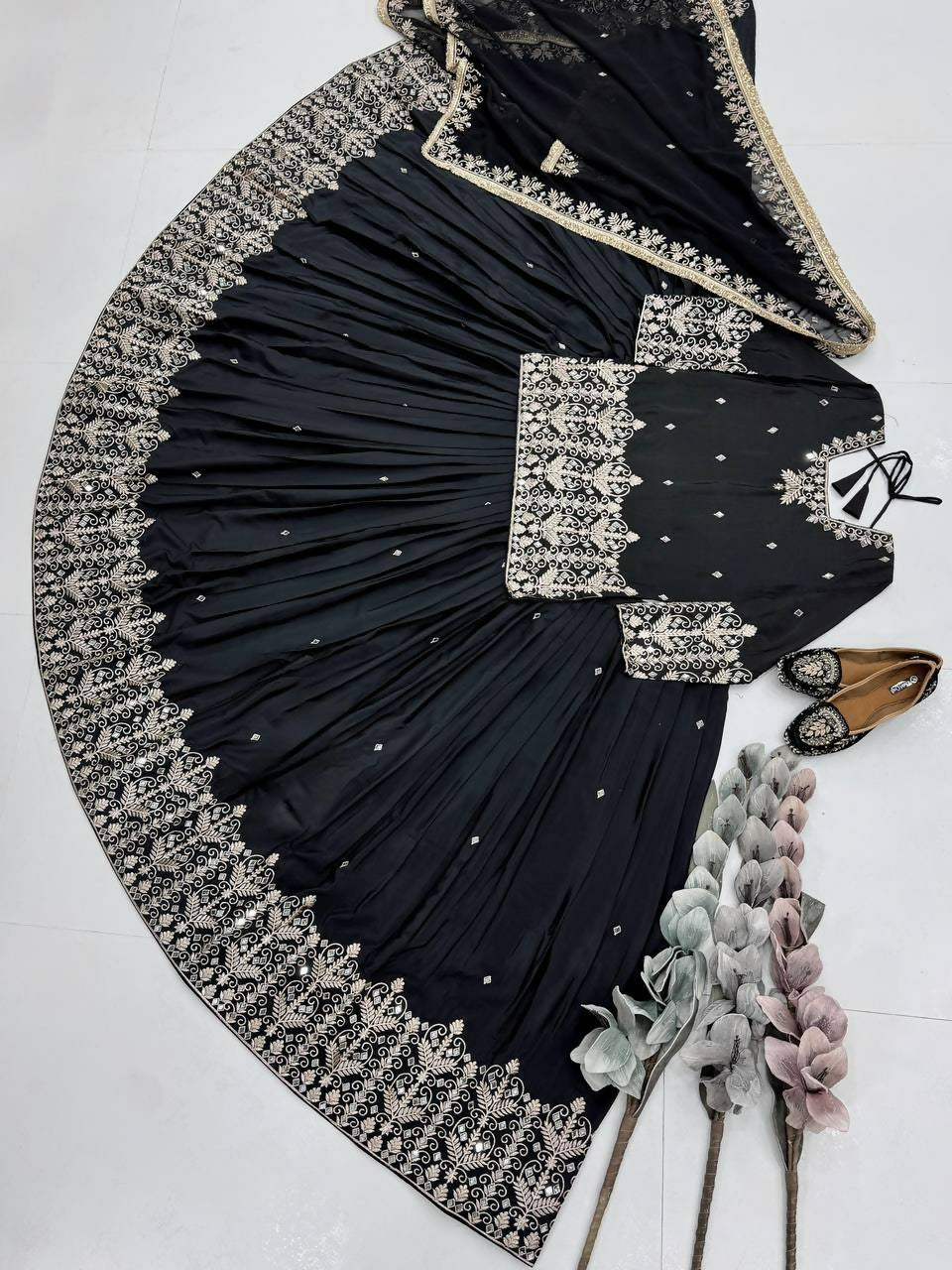 Teeya Creation New Trendy Heavy Embroidery Sequence Work With Real Mirror Hand Work Lehenga Set- Black