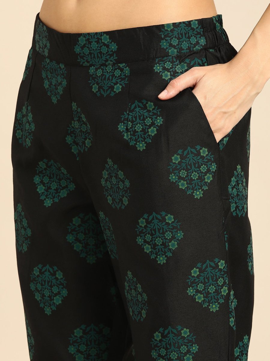 All About You Women Black Floral Yoke Design Regular Thread Work Kurta with Trousers