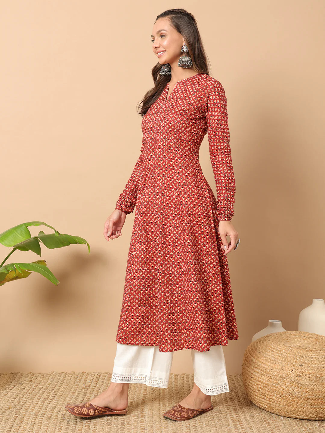 FIORRA Women's Floral Printed Red Cotton A-Line Kurta 