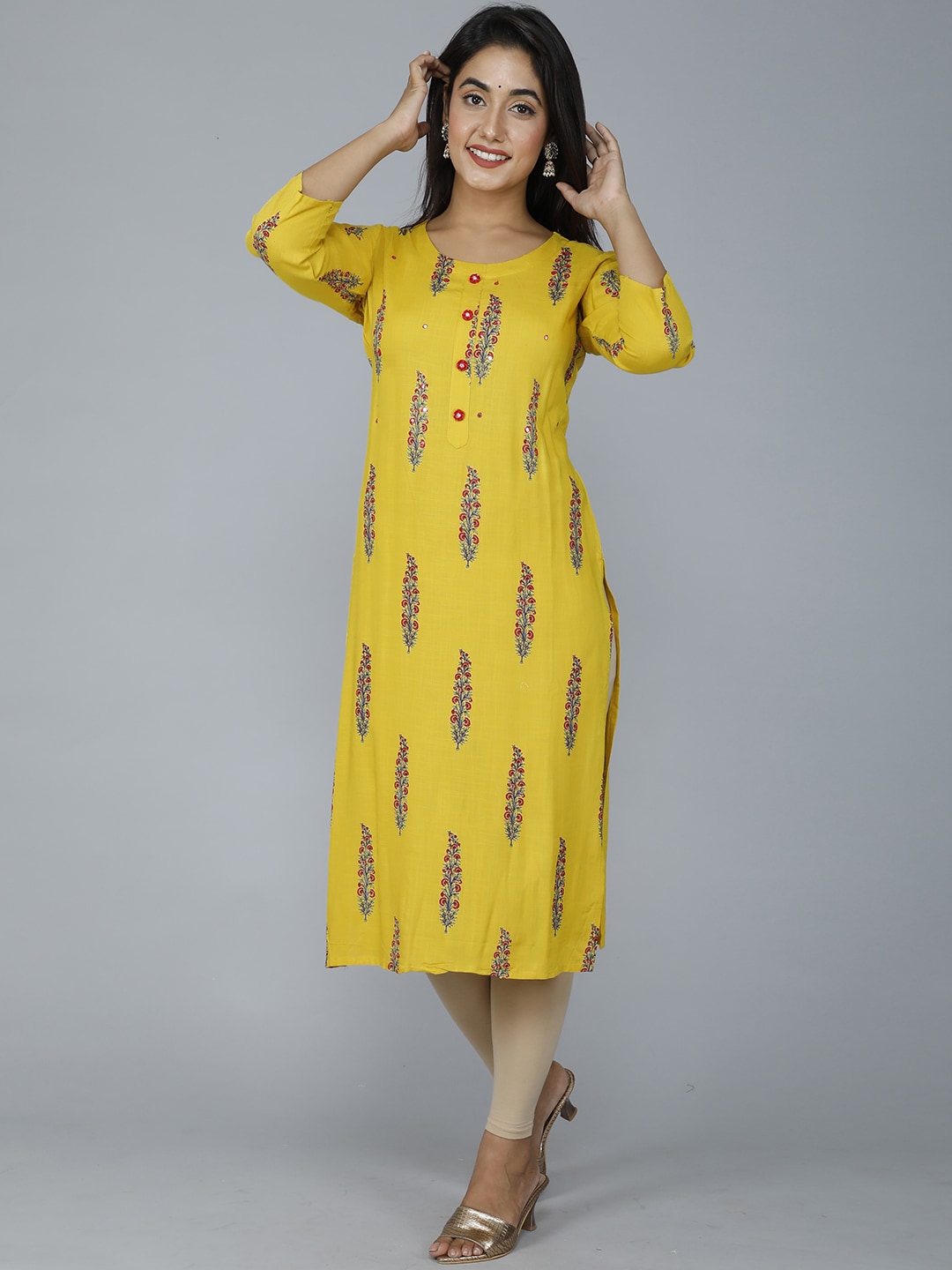 HERE&NOW Women Mustard Yellow Floral Mirror Work Floral Kurta