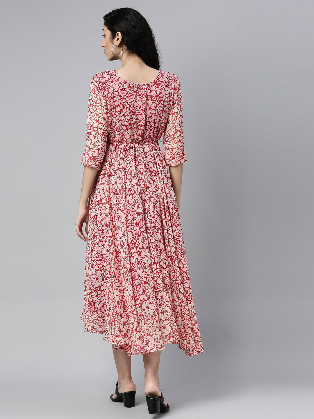 Souchii White & Red Floral Layered Chiffon Beautiful Midi Dress 