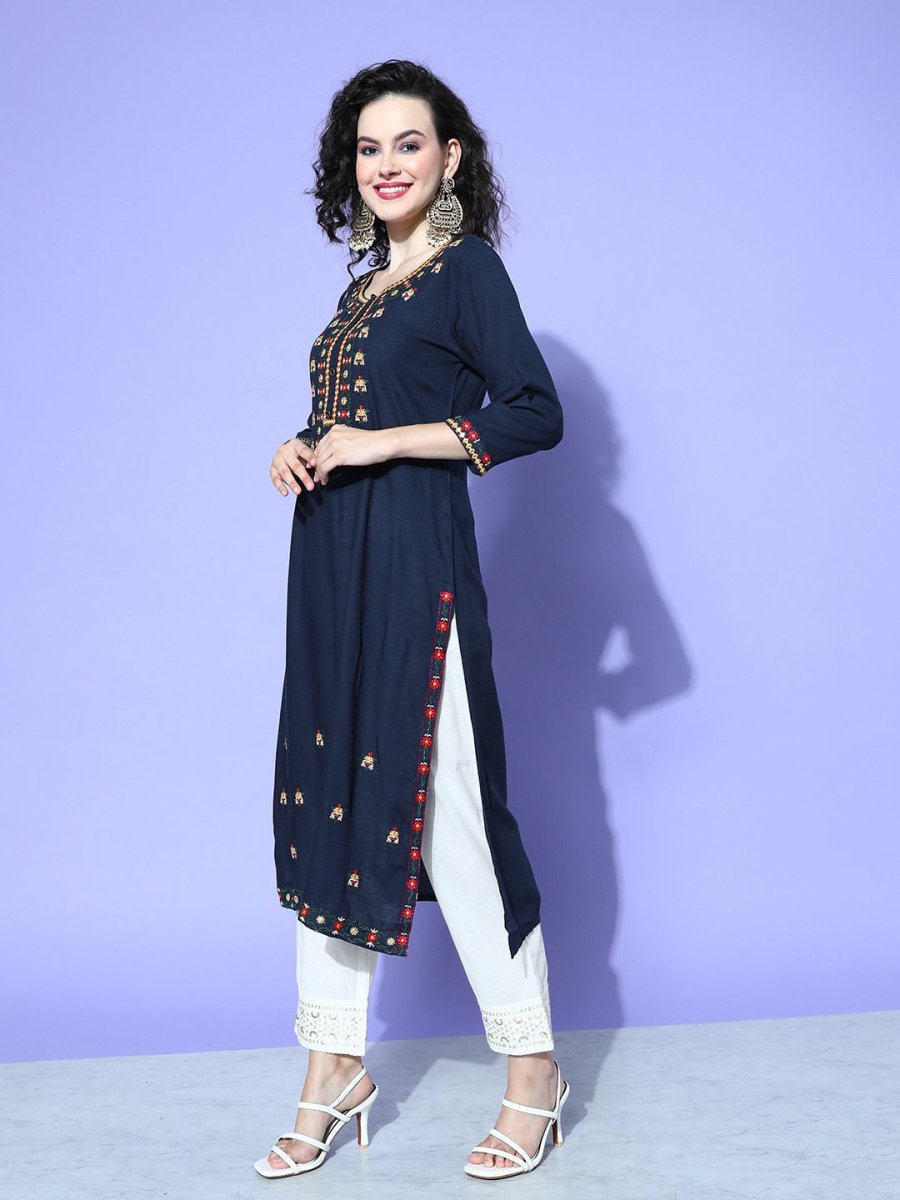 All About You Women Blue Embroidered Regular Mirror Work Liva Kurta with Trousers