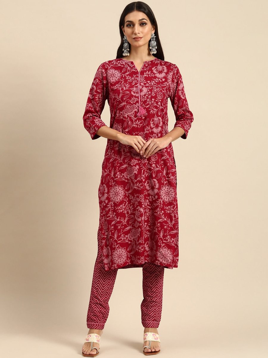 All About You Women Red Floral Printed Kurta with Trousers