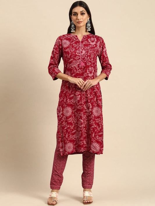 All About You Women Red Floral Printed Kurta with Trousers