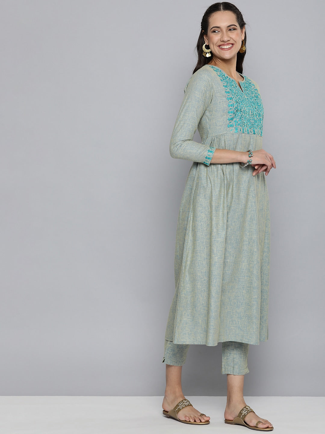 HERE&NOW Grey & Blue Embroidered Cotton Kurta with Trousers & With Dupatta