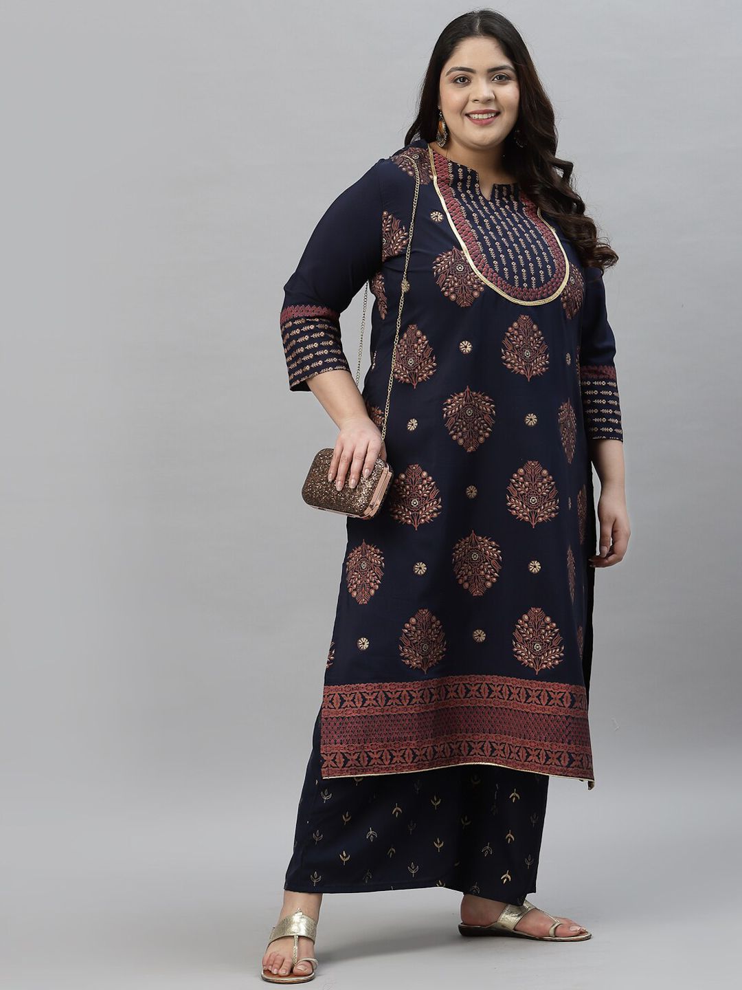 Sztori Plus Size Floral Printed Round Neck Straight Kurta with Palazzos