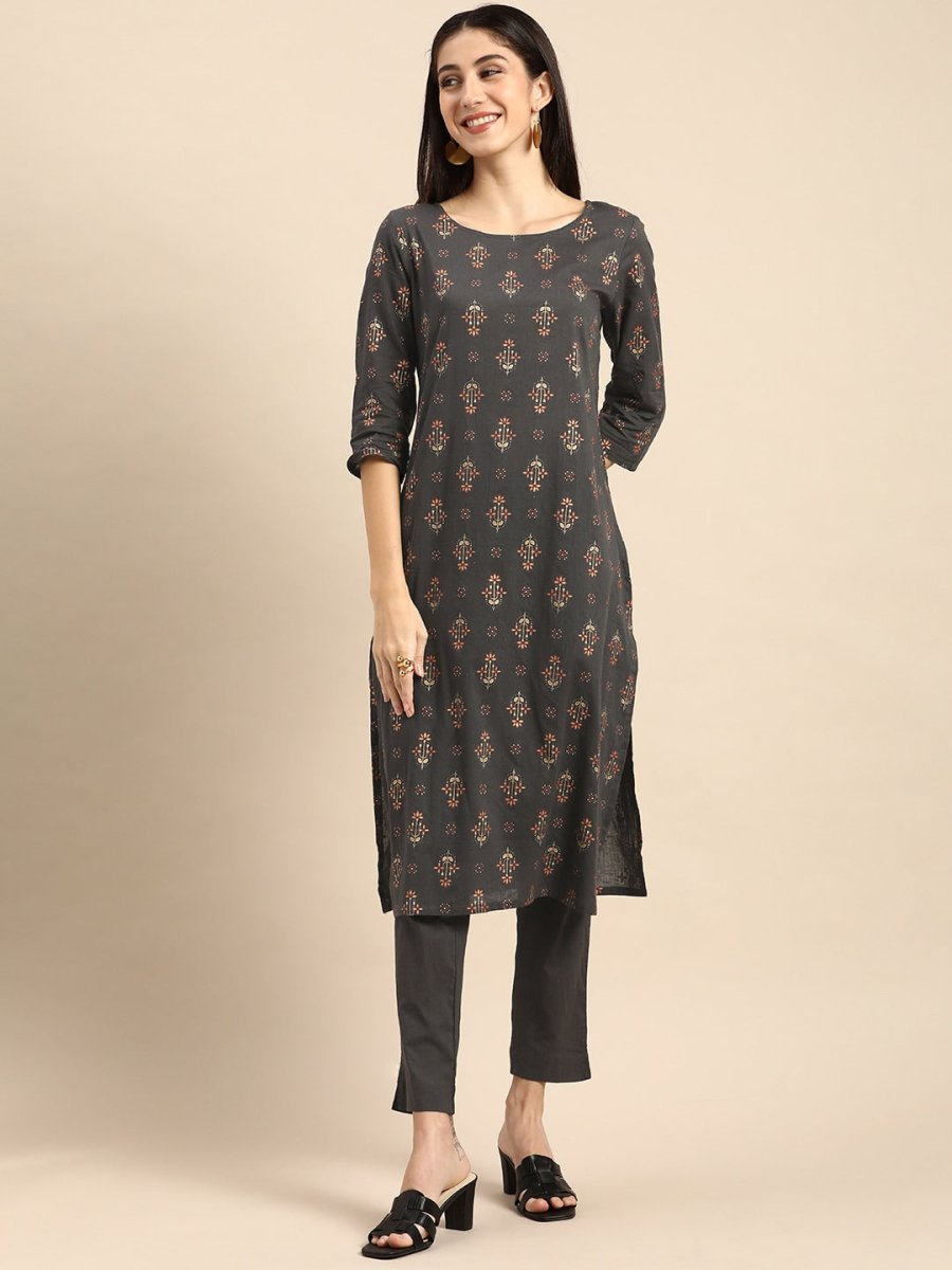 All About You Women Grey Ethnic Motifs Printed Pure Cotton Kurta with Trousers