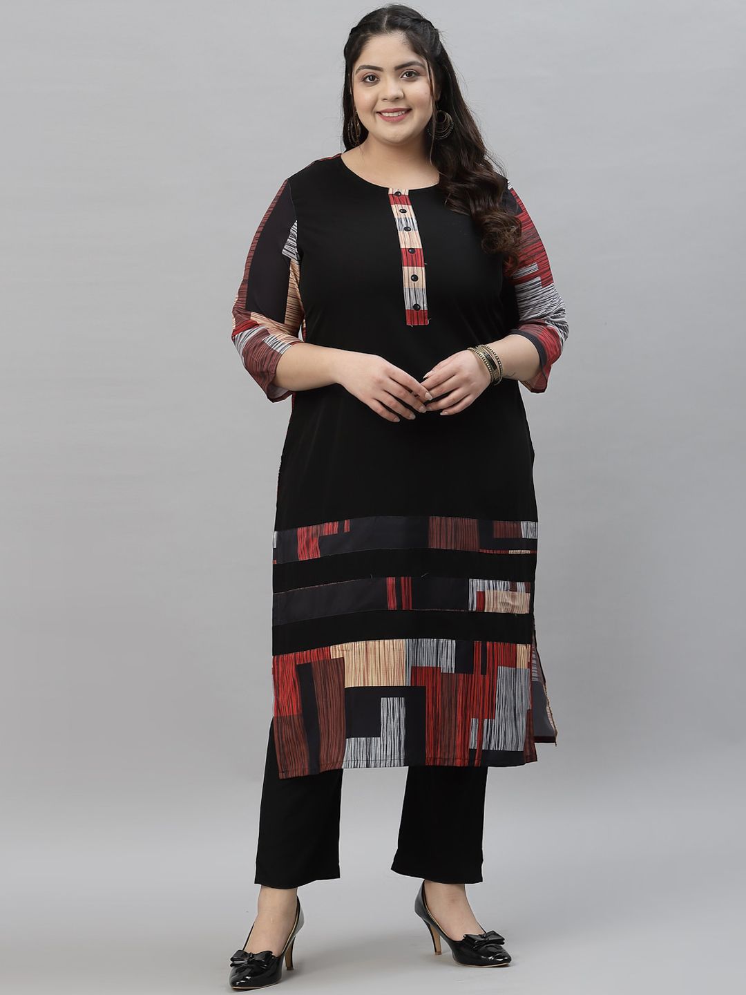 Sztori Black & Red Ethnic Motifs Printed Crepe A-Line Kurta