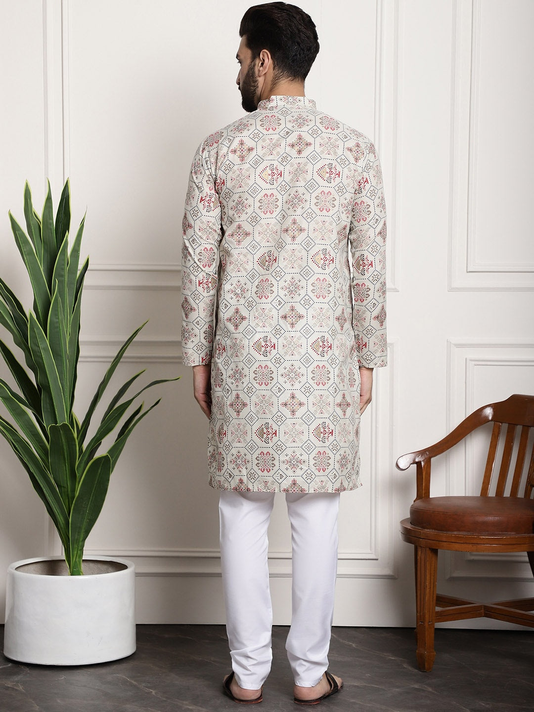 Sojanya Men Beige Printed Cotton Linen Kurta with Churidar 