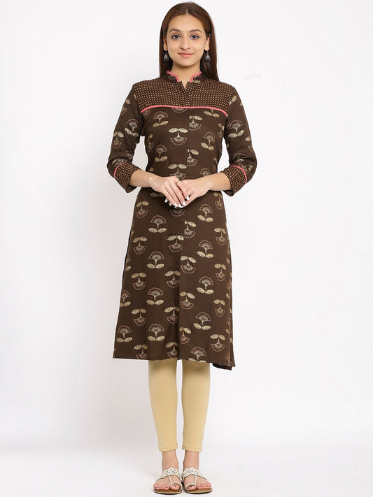HERE&NOW Brown & Beige Mandarin Collar Floral Printed Straight Kurta