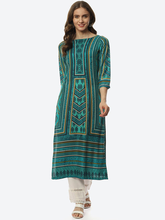 Biba Women Green & Black Printed Straight Kurta - Grab2buy