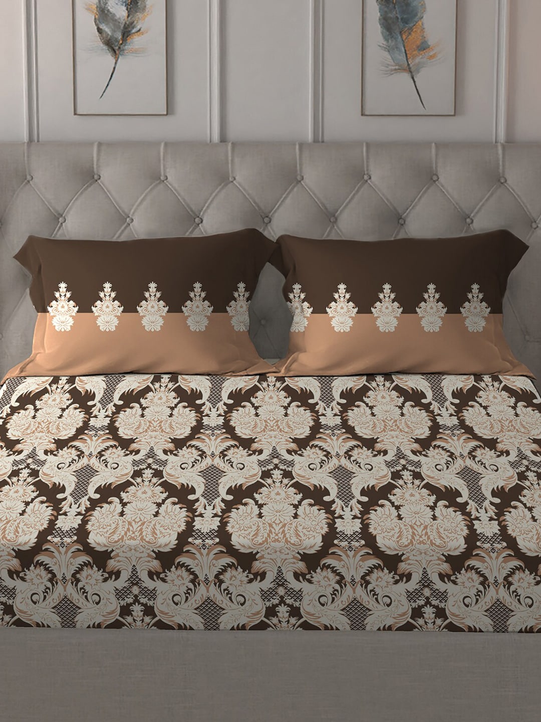 MYTRIDENT Brown White Ethnic Motifs Cotton 144 TC Queen Bedsheet With 2 Pillow Covers 