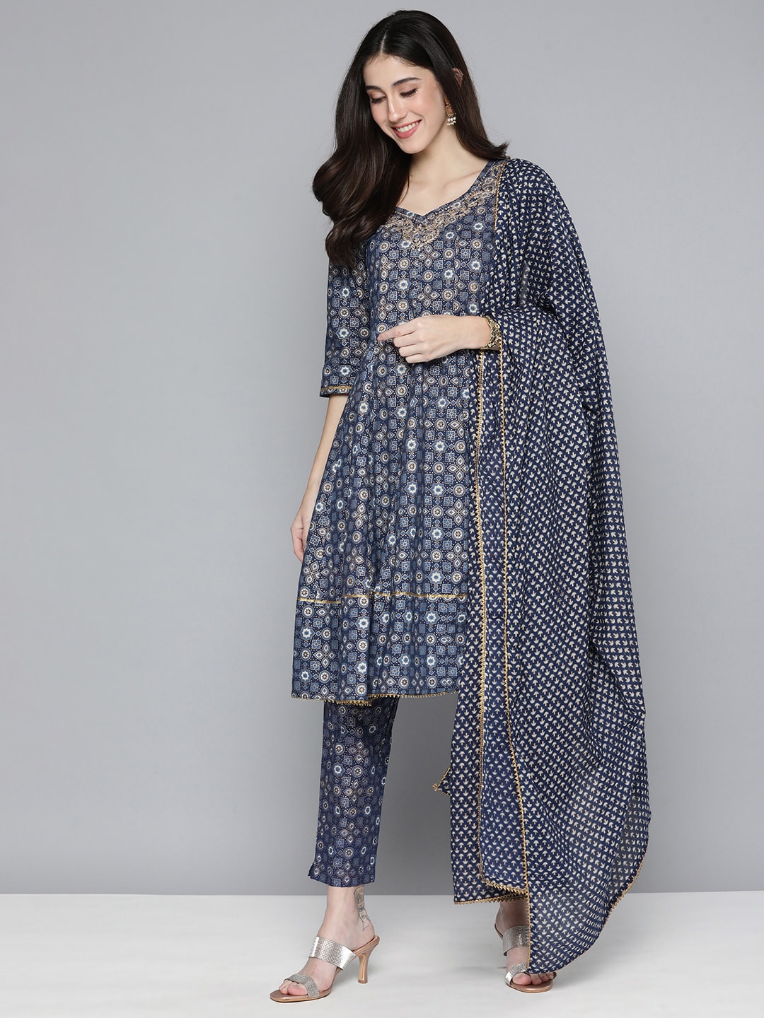 HERE&NOW Ethnic Embroidered & Printed Pure Cotton Anarkali Kurta with Trousers & Dupatta