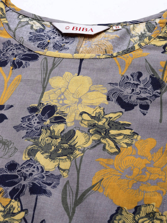 Biba Women Lavender & Mustard Yellow Floral Printed Floral Kurta - Grab2buy