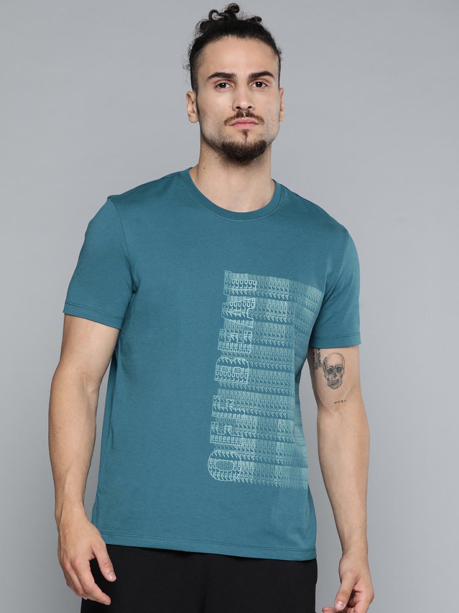 Alcis Men Teal Blue Typography Printed Slim Fit Gym T-shirt 