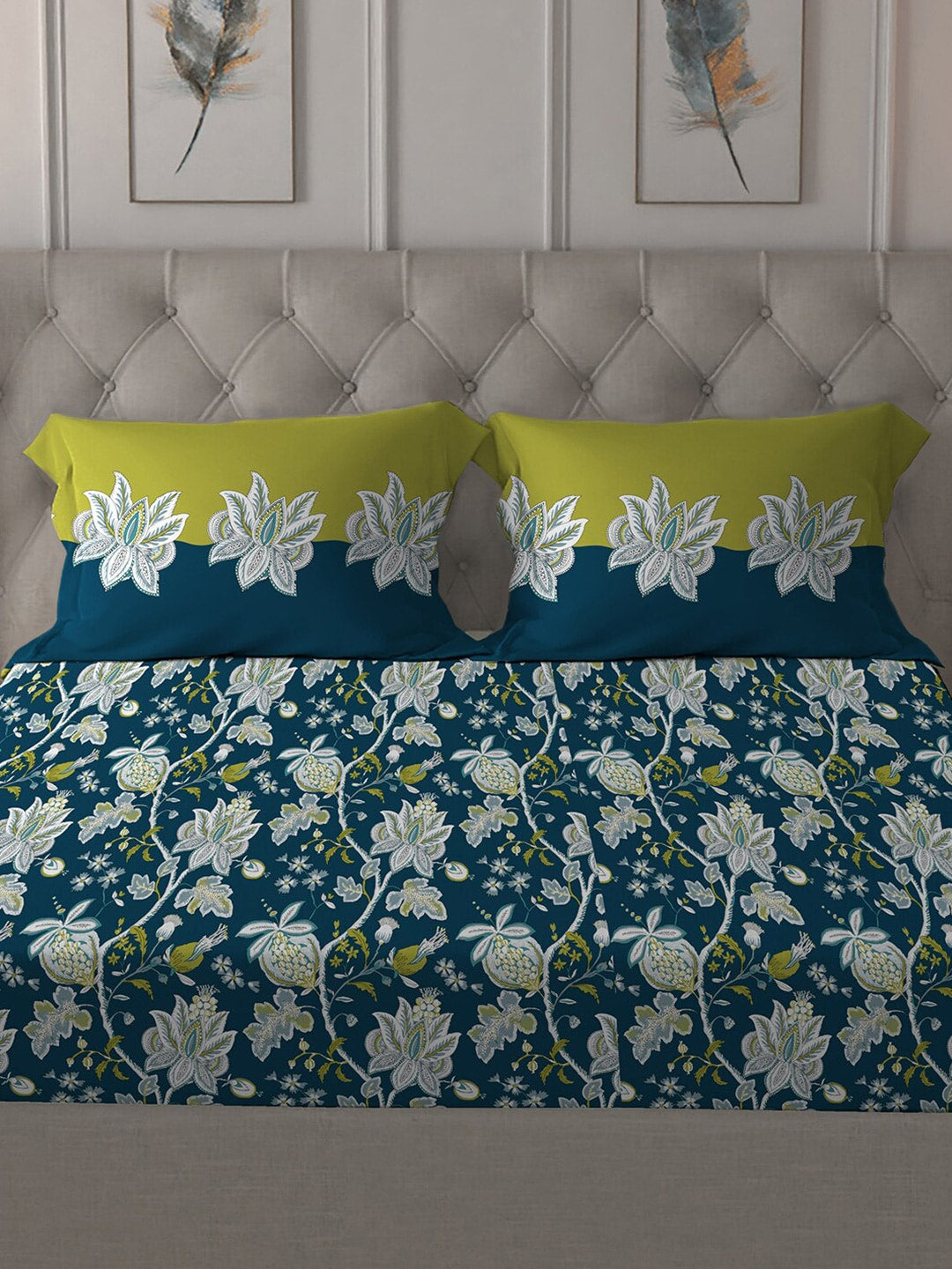 MYTRIDENT Blue White Floral Cotton 144 TC Queen Bedsheet With 2 Pillow Covers 
