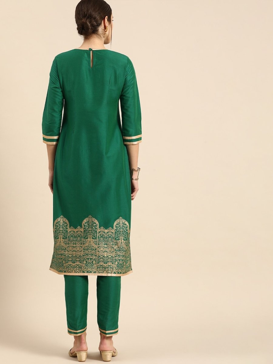 All About You Women Green & Gold Printed Regular Kurta with Trousers