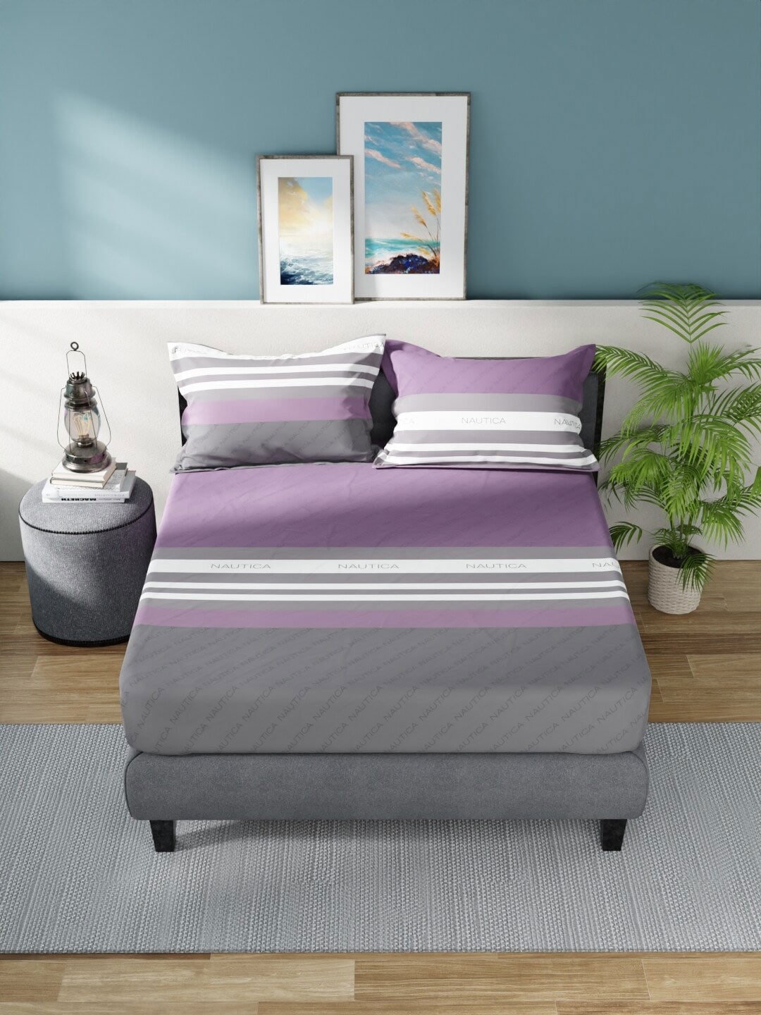 Nautica Bradford Purple & Grey Striped 160 TC Pure Cotton King Bedsheet & 2 Pillow Covers 