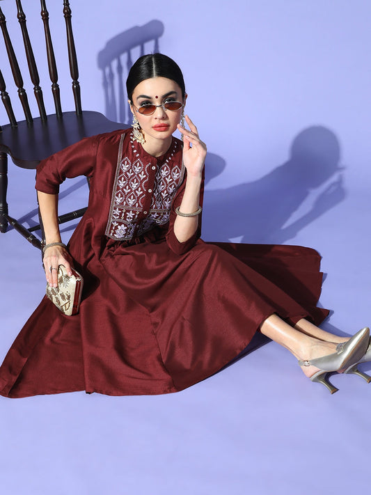Sangria Women Maroon Ethnic Motifs Embroidered Yoke Design A-Line Kurta with Trousers - Grab2buy