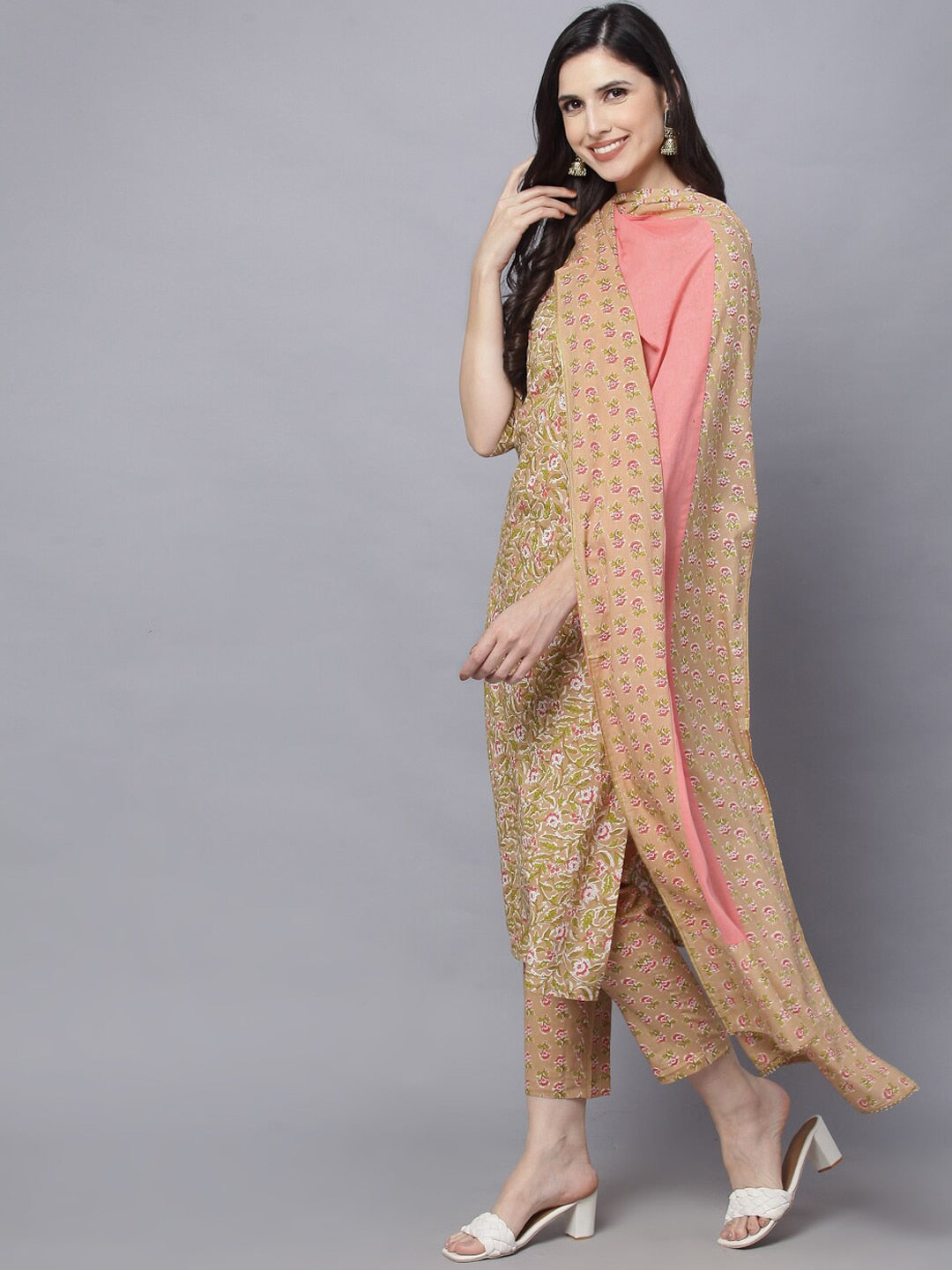 HERE&NOW Women Mustard Yellow Floral Printed Pure Cotton Kurta Set